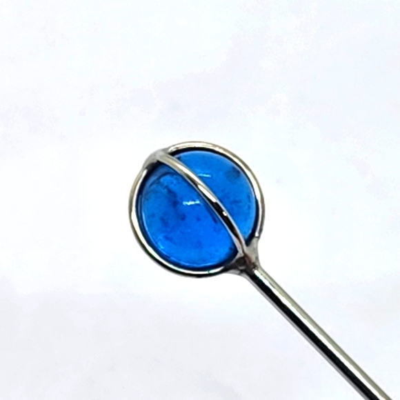 Caged 9/16" Round Aqua Translucent Glass and 5.5" Steel Hair Stick - Picture 3 of 5